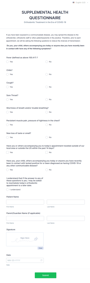 Orthodontic Treatment Supplemental Health Questionnaire Form Template