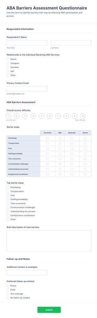 ABA Barriers Assessment Questionnaire Form Template