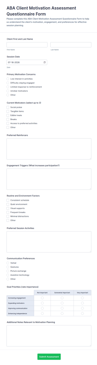 ABA Client Motivation Assessment Questionnaire Form Template