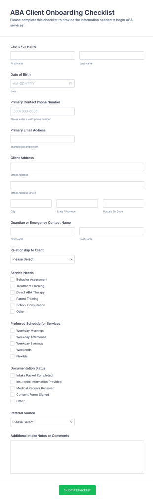 ABA Client Onboarding Checklist Form Template