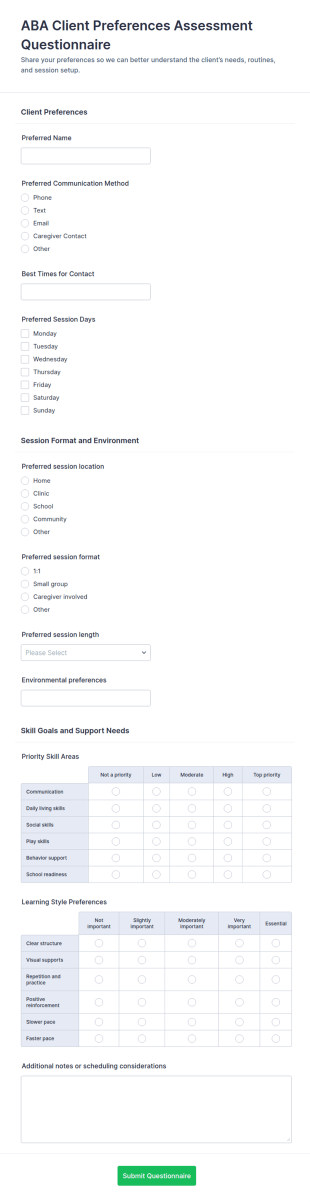 ABA Client Preferences Assessment Questionnaire Form Template