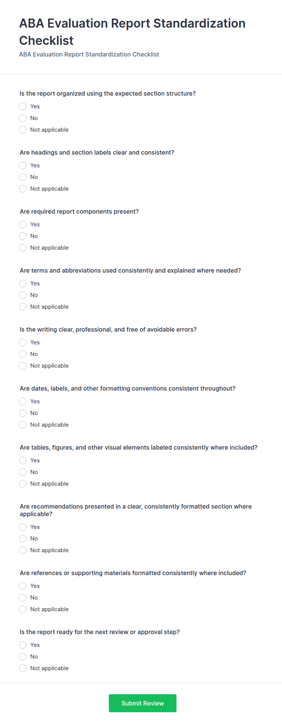 ABA Evaluation Report Standardization Checklist Form Template | Jotform