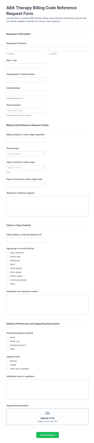 ABA Therapy Billing Code Reference Request Form Template