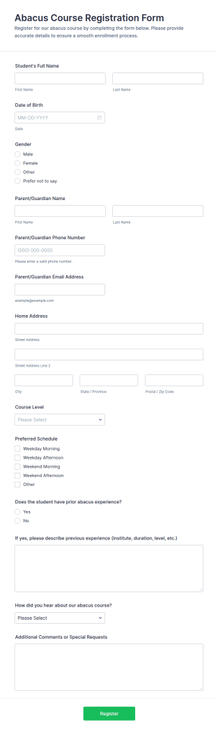 Abacus Course Registration Form Template