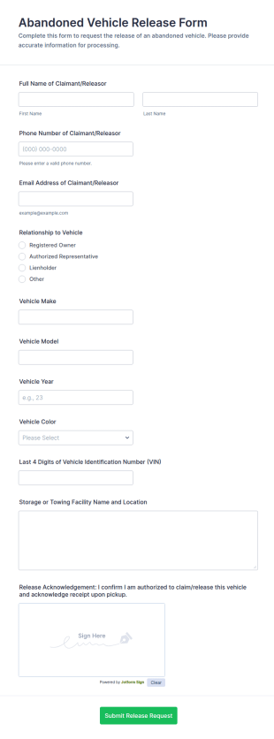 Abandoned Vehicle Release Form Template