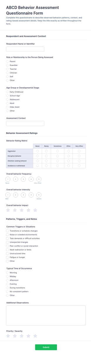 ABCD Behavior Assessment Questionnaire Form Template