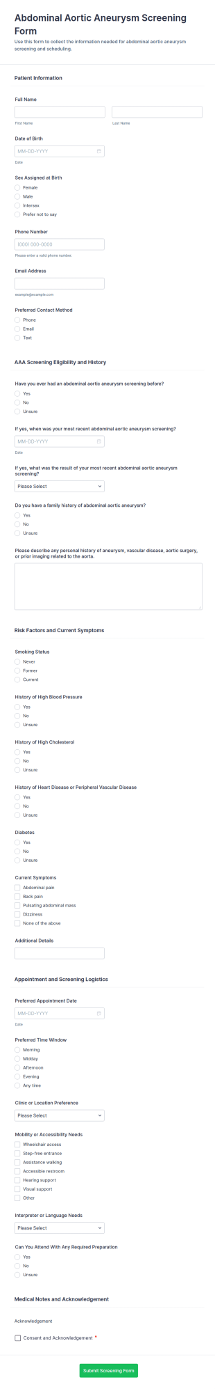 Abdominal Aortic Aneurysm Screening Form Template