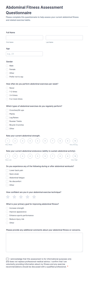 Abdominal Fitness Assessment Questionnaire Form Template