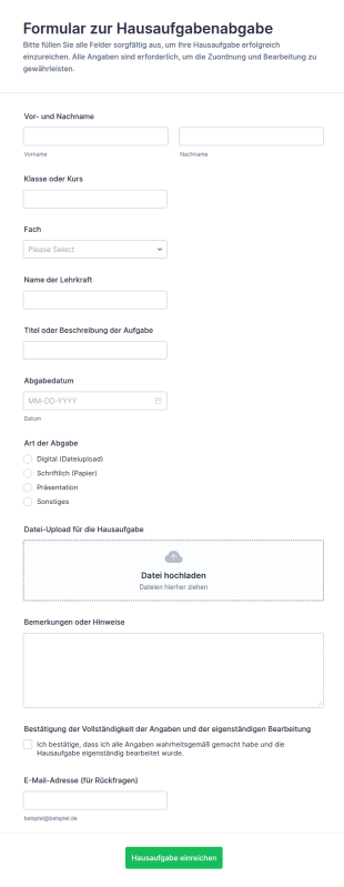 Abgabe Der Hausaufgaben Formular