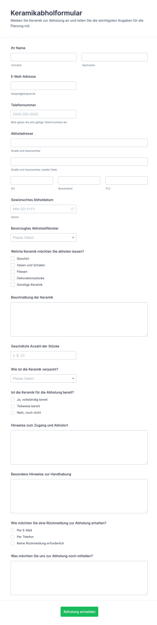 Abholanfrage Für Keramik