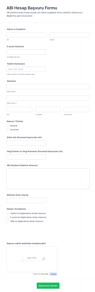 ABI Hesap Başvuru Form Şablonu
