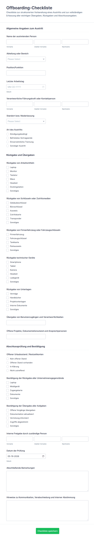Offboarding Checkliste Formular