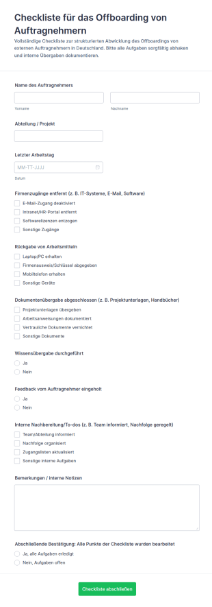 Abmeldeliste Für Auftragnehmer Formular