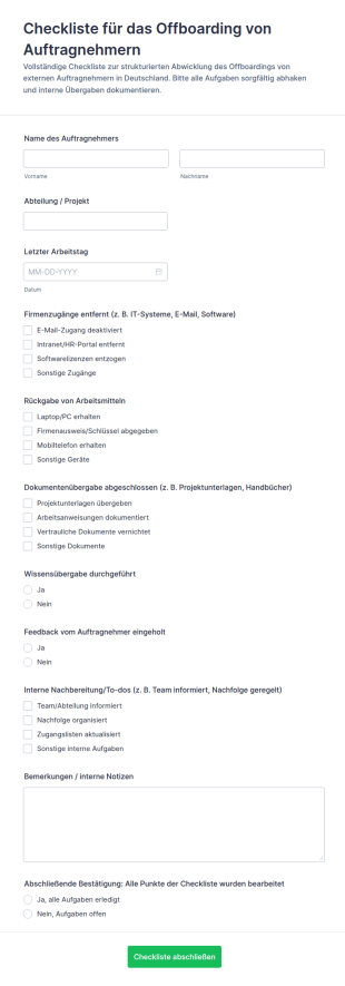 Abmeldeliste Für Auftragnehmer Formular