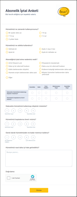 Abonelik İptal Anketi Form Şablonu
