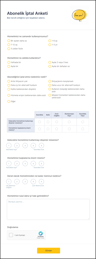 Abonelik İptal Anketi Form Template