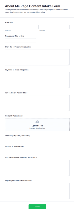 About Me Page Content Intake Form Template