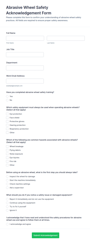 Abrasive Wheel Safety Acknowledgement Form Template