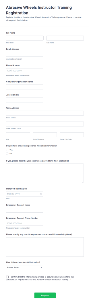 Abrasive Wheels Instructor Training Registration Form Template