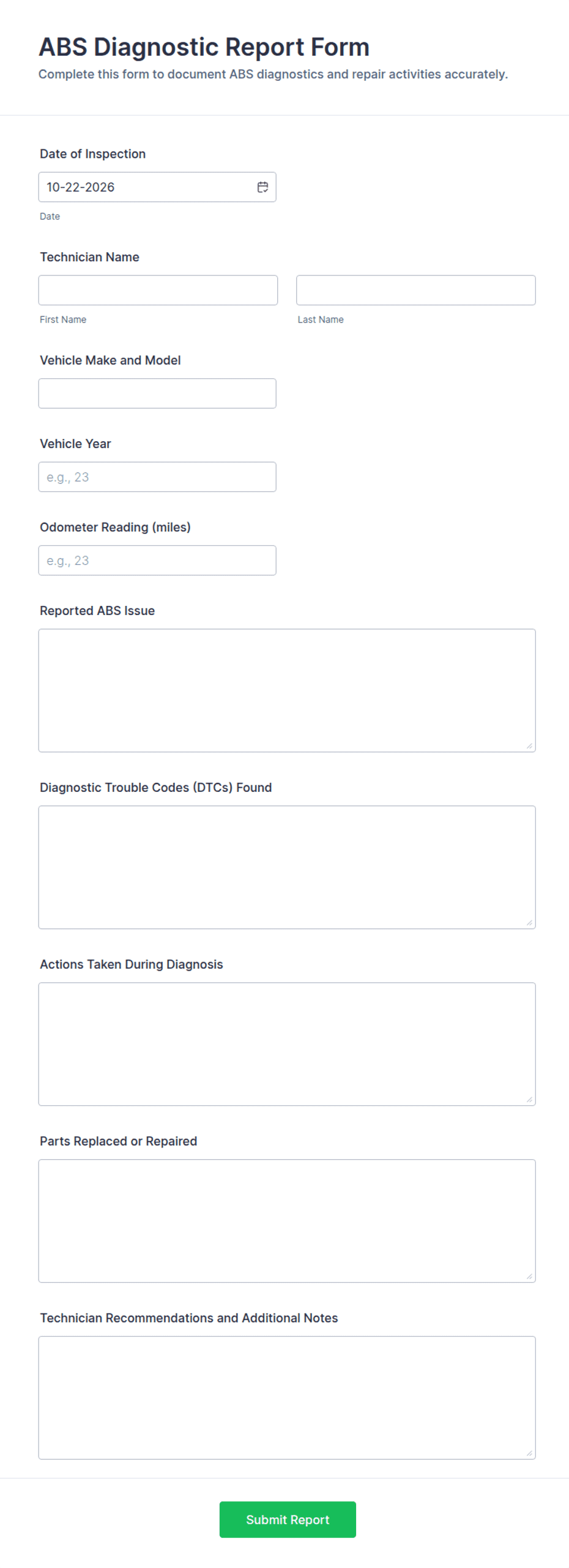 ABS Diagnostic Report Form Template | Jotform