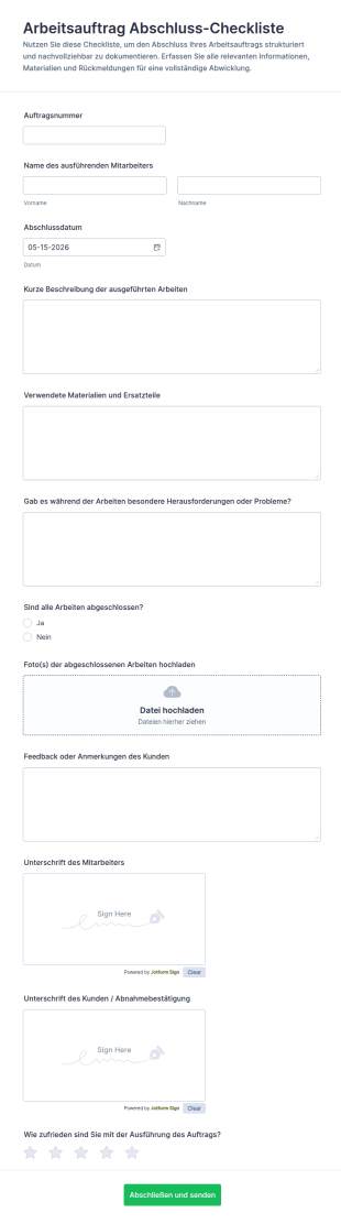 Abschlussformular Für Arbeitsaufträge