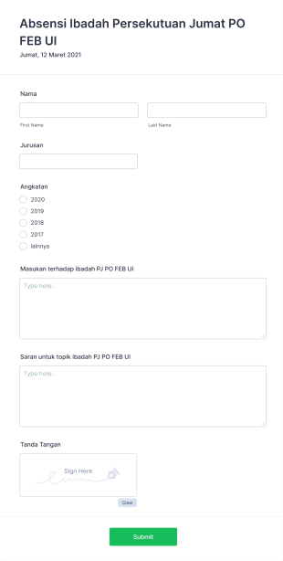 Absensi Ibadah Persekutuan Jumat PO FEB UI Form Template