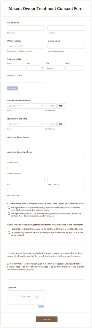 Absent Owner Treatment Consent Form Template