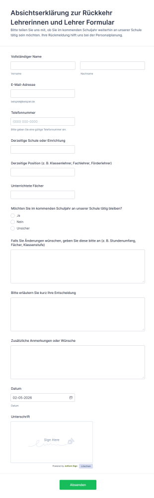 Absichtserklärung Zur Rückkehr Lehrerinnen Und Lehrer Formular