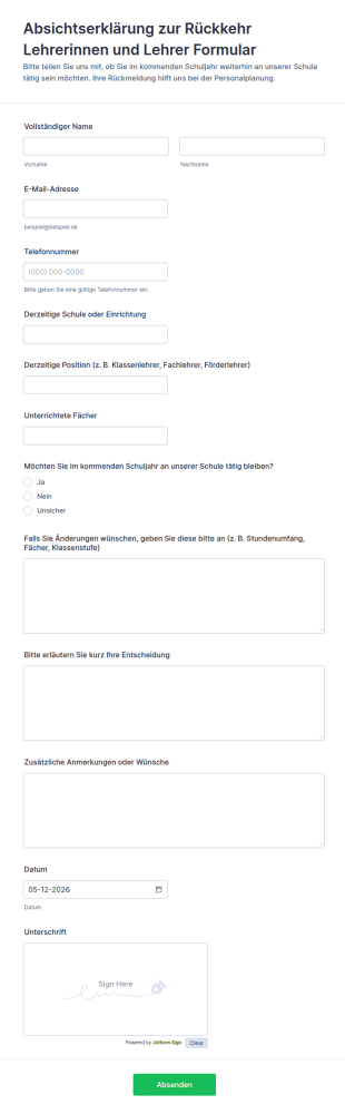Absichtserklärung Zur Rückkehr Lehrerinnen Und Lehrer Formular