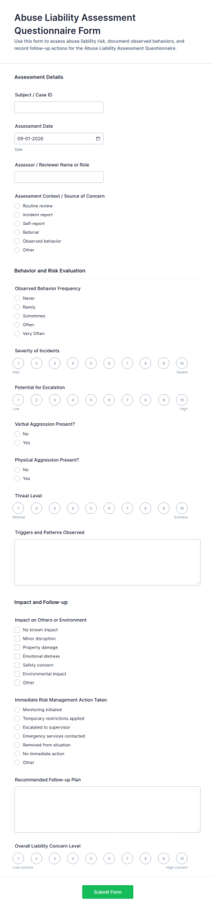 Abuse Liability Assessment Questionnaire Form Template