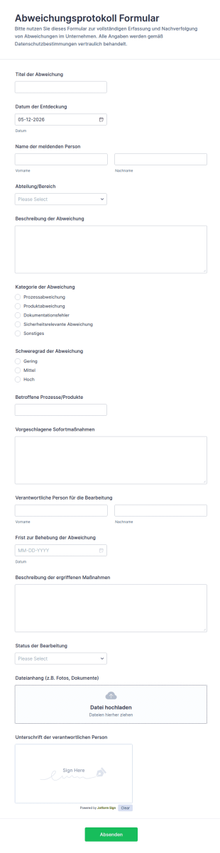 Abweichungsprotokoll Formular