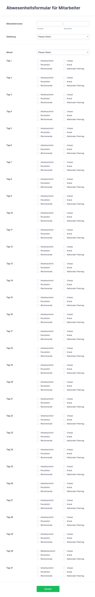Abwesenheitsformular Für Mitarbeiter