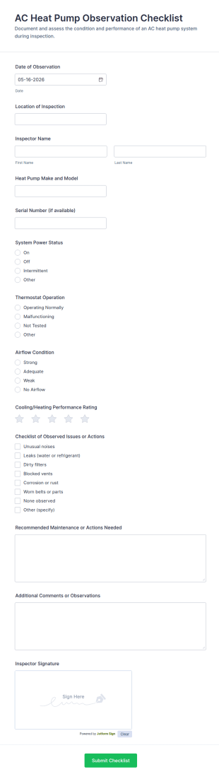 AC Heat Pump Observation Checklist Form Template