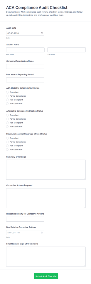 ACA Compliance Audit Checklist Form Template
