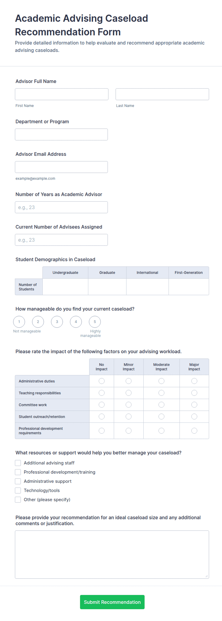 Academic Advising Caseload Recommendation Form Template | Jotform