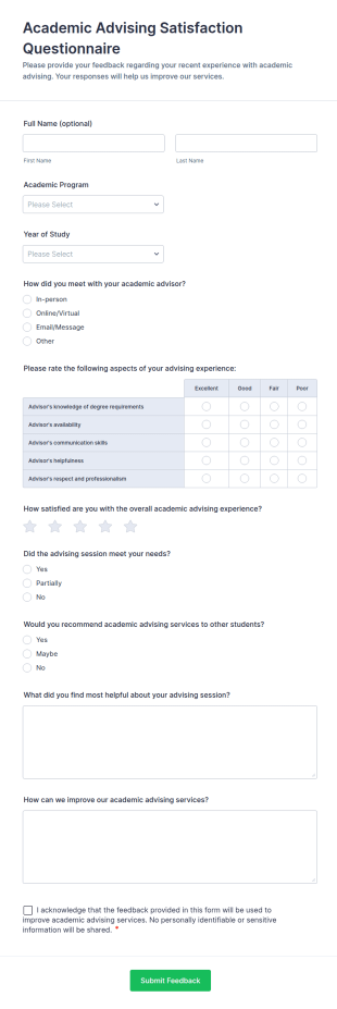 Academic Advising Satisfaction Questionnaire Form Template