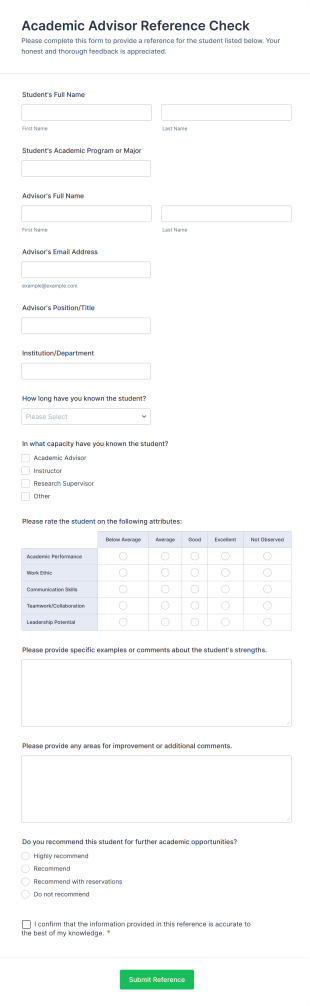 Academic Advisor Reference Check Form Template