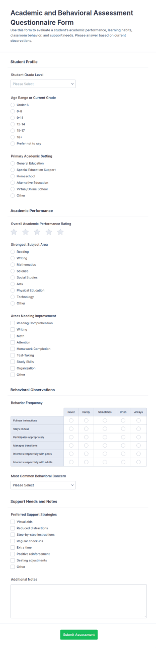 Academic And Behavioral Assessment Questionnaire Form Template