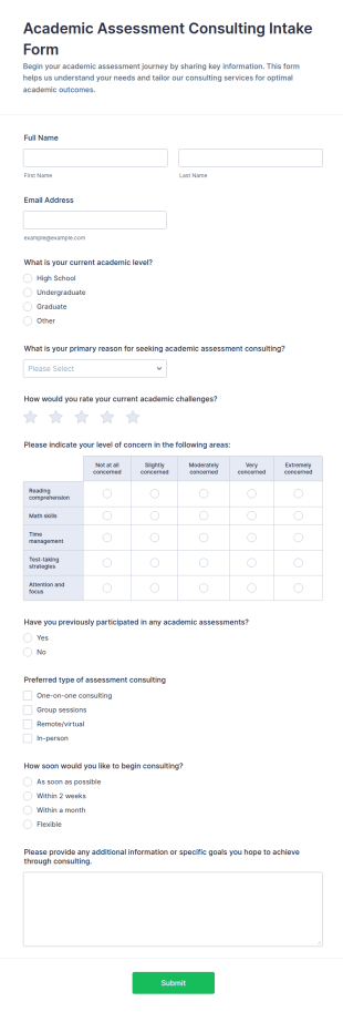 Academic Assessment Consulting Intake Form Template