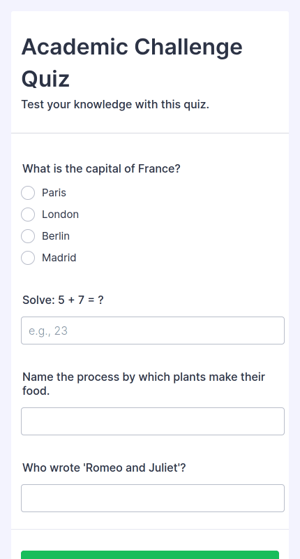 Academic Challenge Quiz