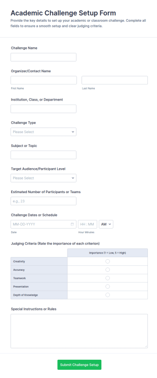 Academic Challenge Setup Form Template