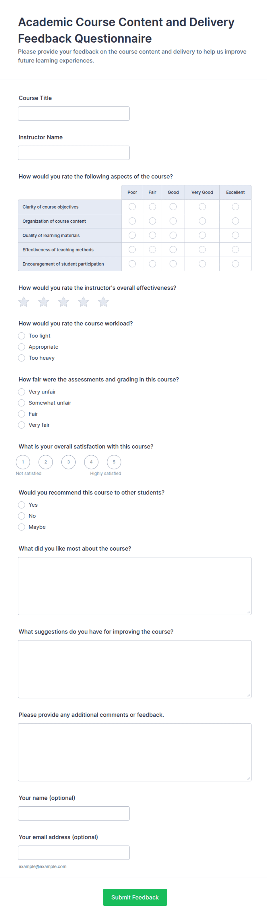 Academic Course Content and Delivery Feedback Questionnaire Form ...