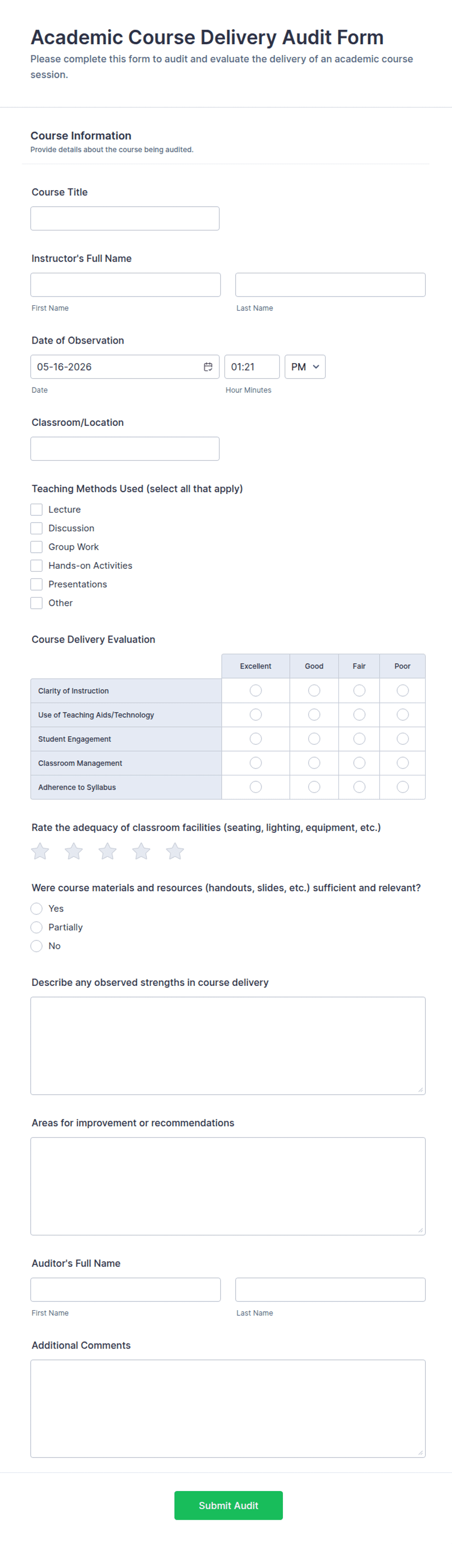 Course Audit Sample Academic Course Delivery Audit Form Template | Jotform