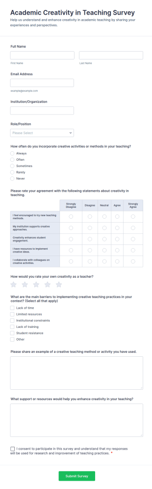 Academic Creativity In Teaching Survey Form Template
