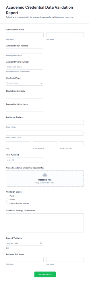 Academic Credential Data Validation Report Form Template