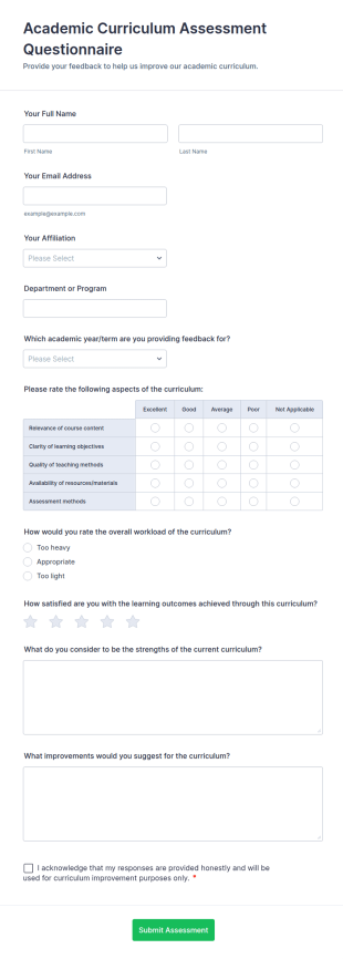 Academic Curriculum Assessment Questionnaire Form Template