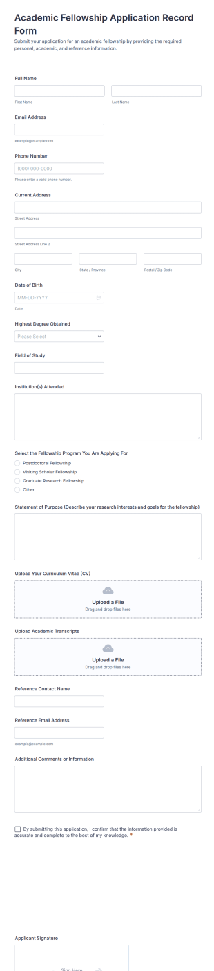 Academic Fellowship Application Record Form Template