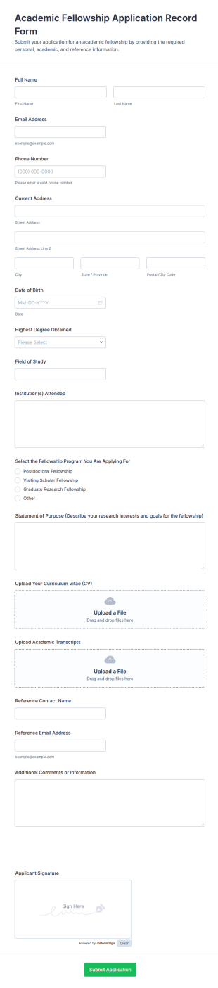 Academic Fellowship Application Record Form Template