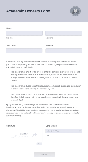 Academic Honesty Form Template