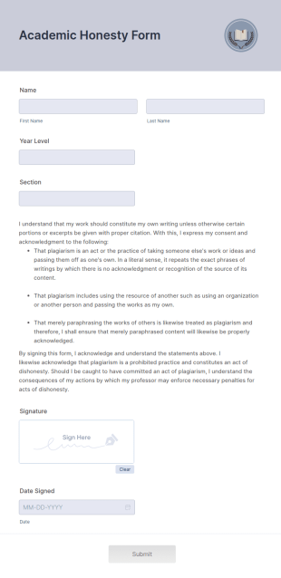Academic Honesty Form Template
